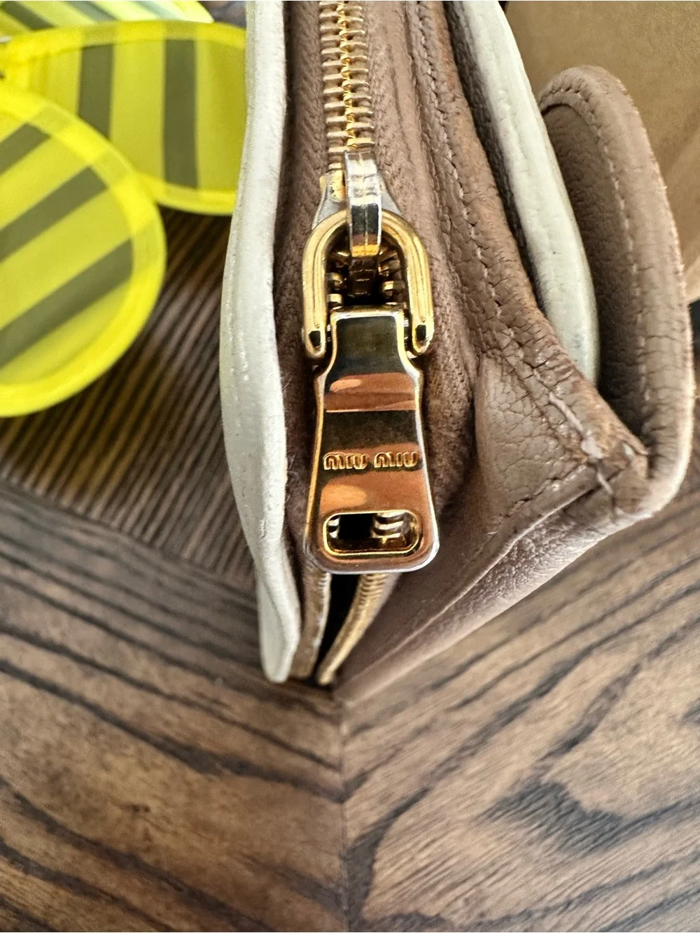 Miu Miu Two-Tone Beige and Cream Leather Flap Wallet